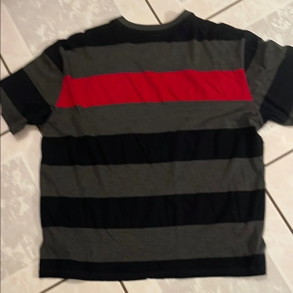 Point Zero Mens V-Neck Tee - Red, Black, Gray Stripes